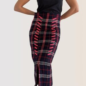 Snidel | Black & pink plaid wool midi pencil high waist skirt with slit | Size 0